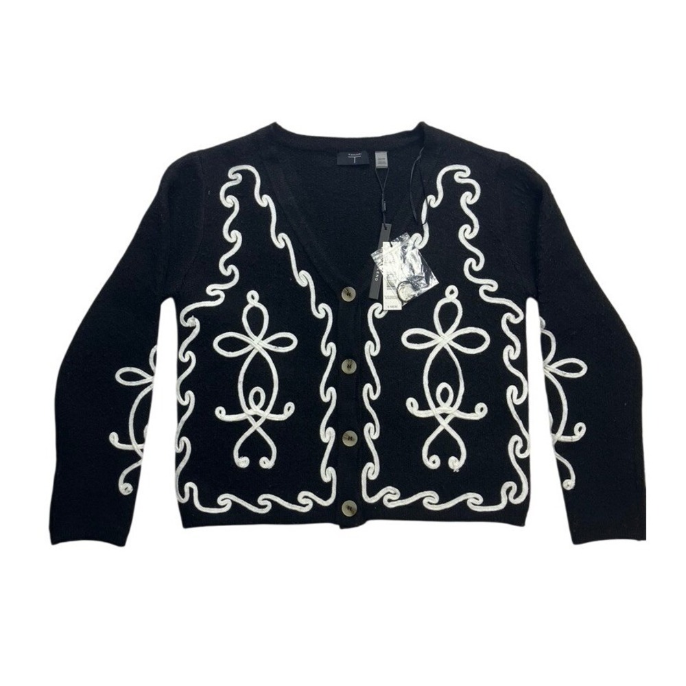 Tahari Womens XS Black Wool Blend Embroidered Soutache Cardigan Sweater‎ TH54359